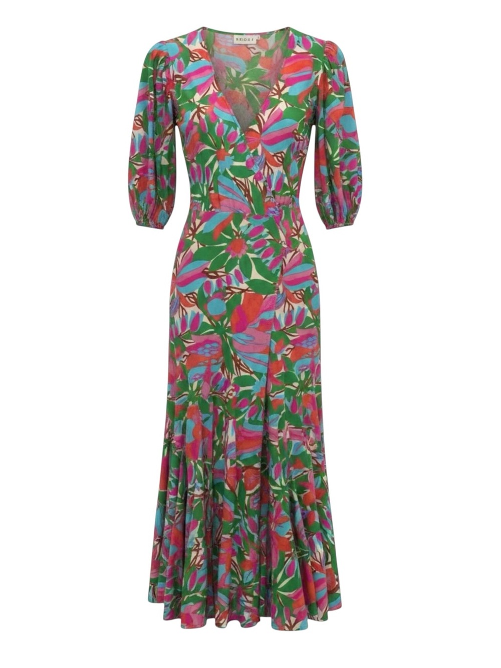 Rhode Fiona Cotton Poplin Floral Puff Sleeve Surplice Tie Wrap Midi Dress
